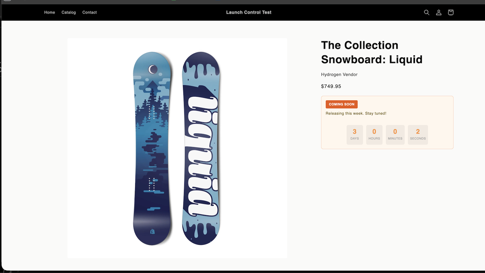 Coming Soon product page with countdown timer