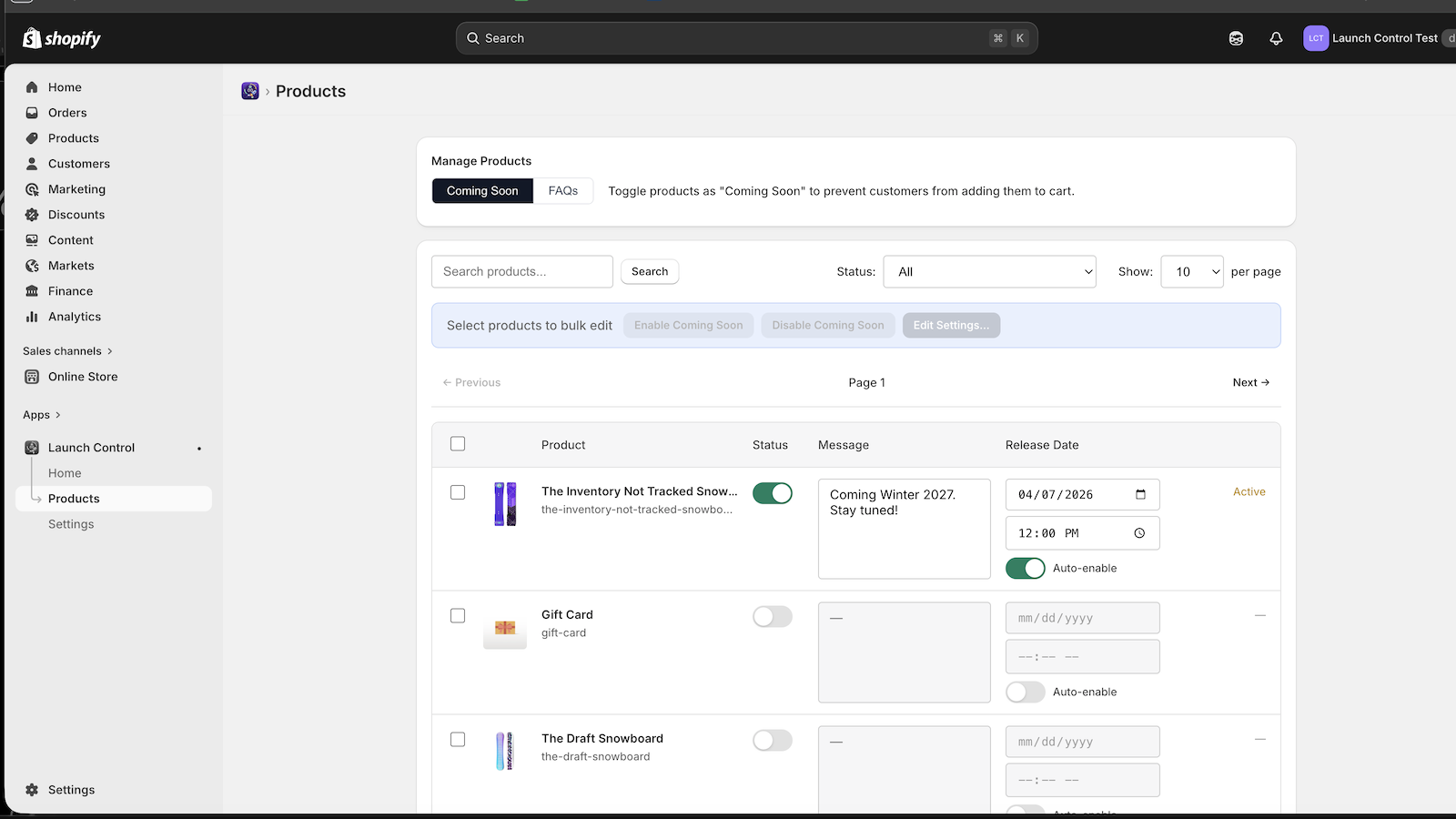Launch Control admin dashboard