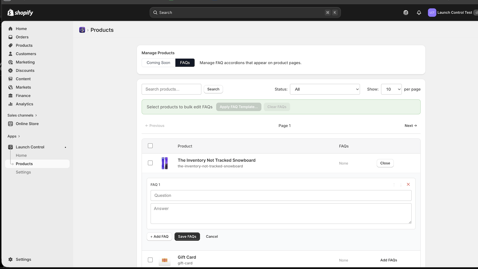 Product FAQ editor in Shopify admin